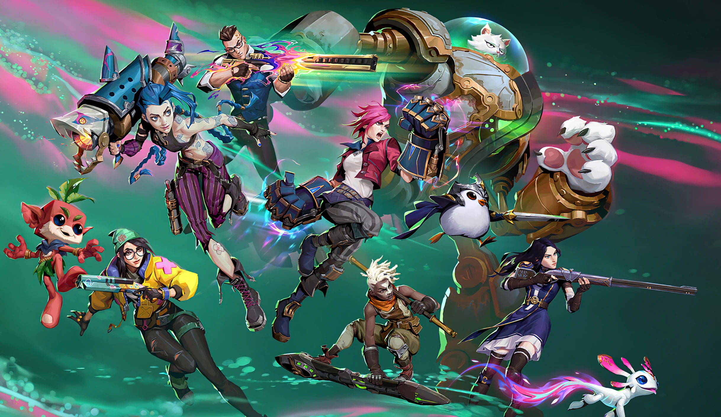 An illustration featuring a dynamic lineup of characters from Riot Games' crossover event with Arcane. The scene includes characters like Jinx, Ekko, Vi, and Caitlyn, each in vibrant, action-packed poses. They are equipped with their unique weapons and abilities, surrounded by colorful, swirling energy effects. In the background, a giant mechanized cat-like creature looms, adding a fantastical element to the composition. The artwork captures the energy and excitement of the characters as they appear ready for battle, set against a swirling green and pink backdrop.